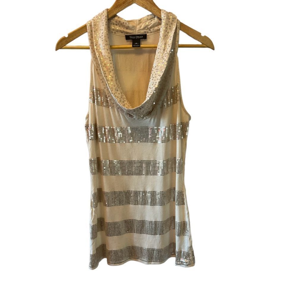 WHITE HOUSE BLACK MARKET Cream Silver Sequin Cowl Neck Sleeveless Top M